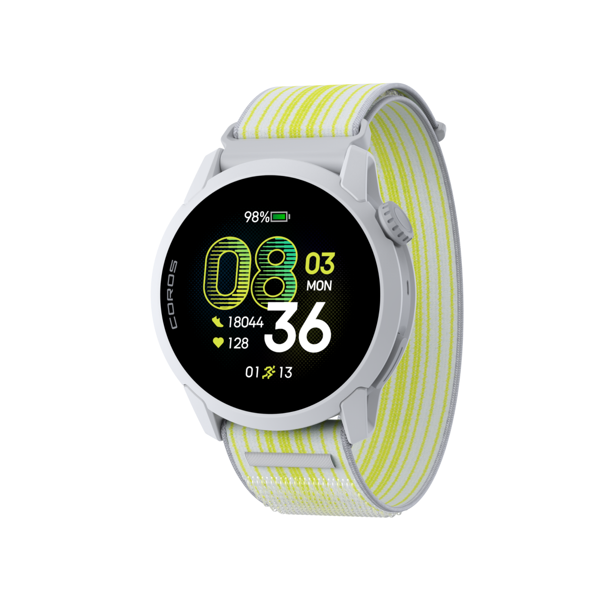Front three-quarter view of the COROS PACE 4 White Watch with White Nylon Band