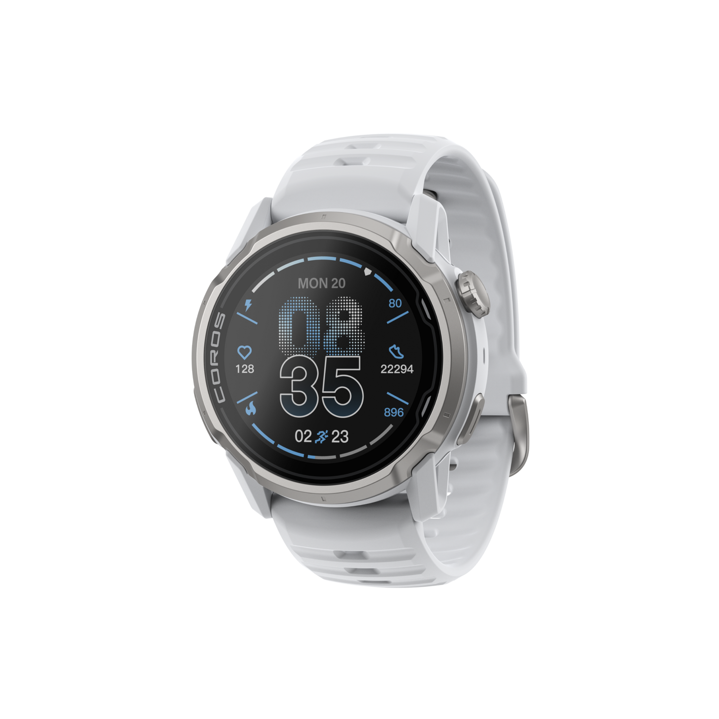 Front three-quarter view of the COROS APEX 4 46mm GPS Watch White Watch Body with White Silicone Band