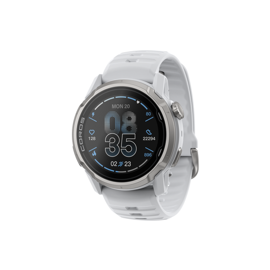 Front three-quarter view of the COROS APEX 4 46mm GPS Watch White Watch Body with White Silicone Band
