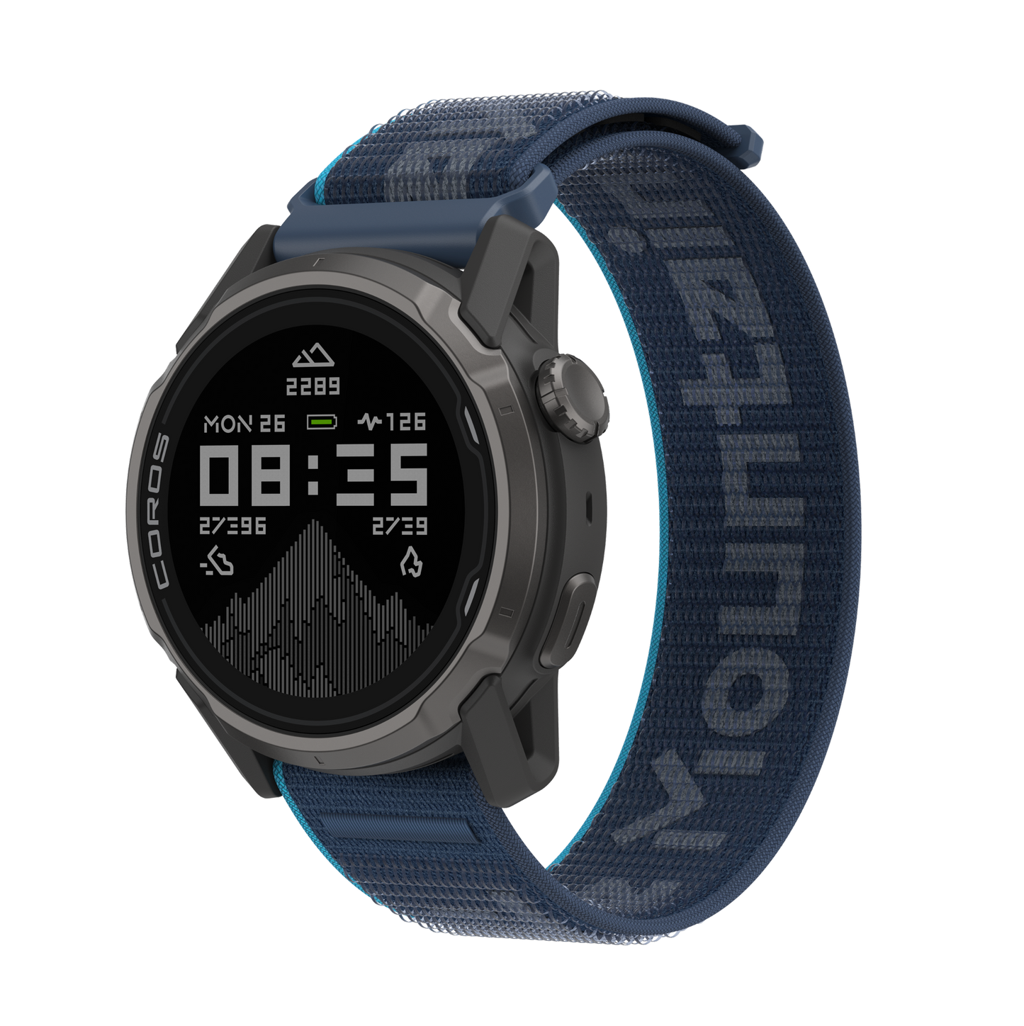 Front view of the COROS APEX 4 42mm black watch with Kilian Jornet Nylon Band