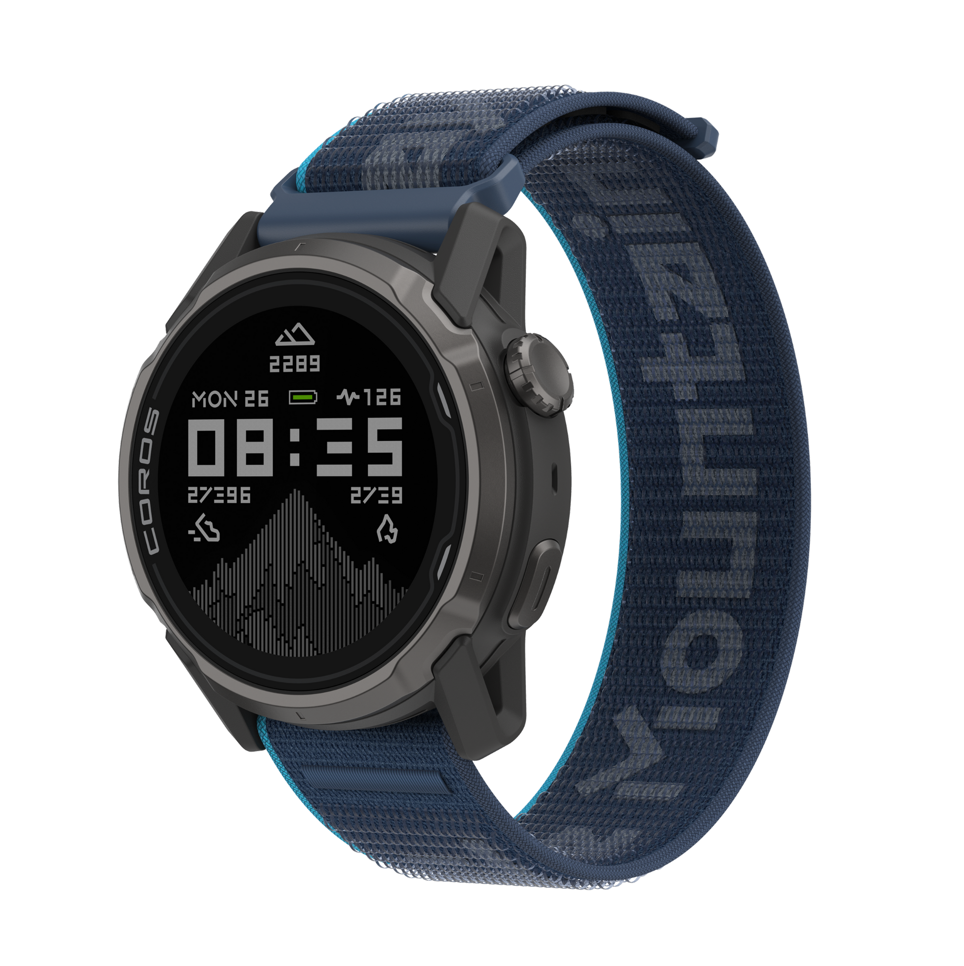 Front view of the COROS APEX 4 42mm black watch with Kilian Jornet Nylon Band