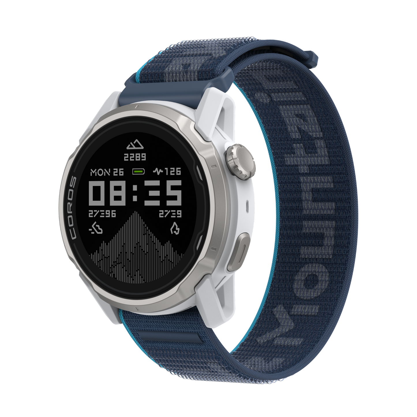 Front view of the COROS APEX 4 42mm GPS Watch White Watch Body with Nylon Kilian Jornet - Mountain Way Band