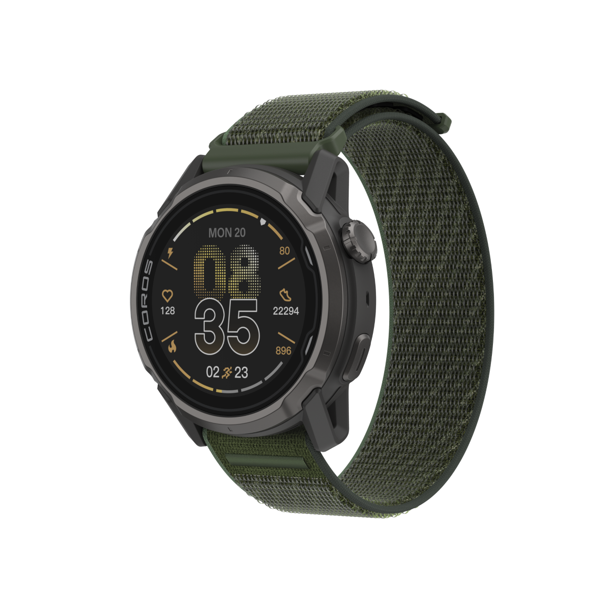 Front three-quarter view of the COROS APEX 4 42mm black watch with green nylon band