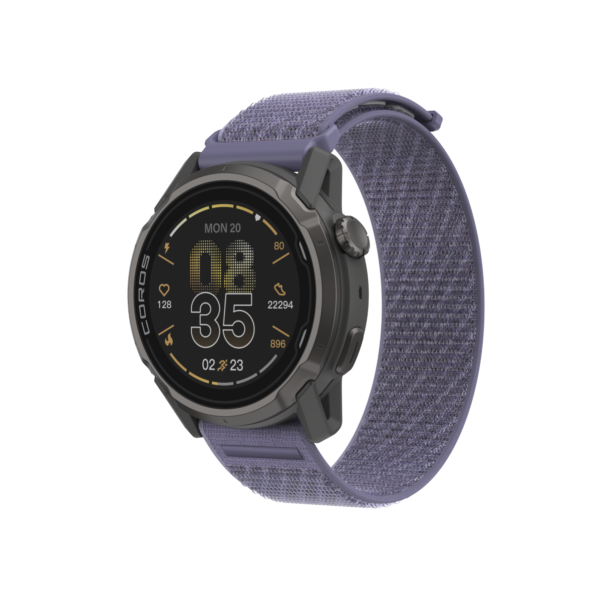 Front three-quarter view of the COROS APEX 4 42mm black watch with lavender nylon band