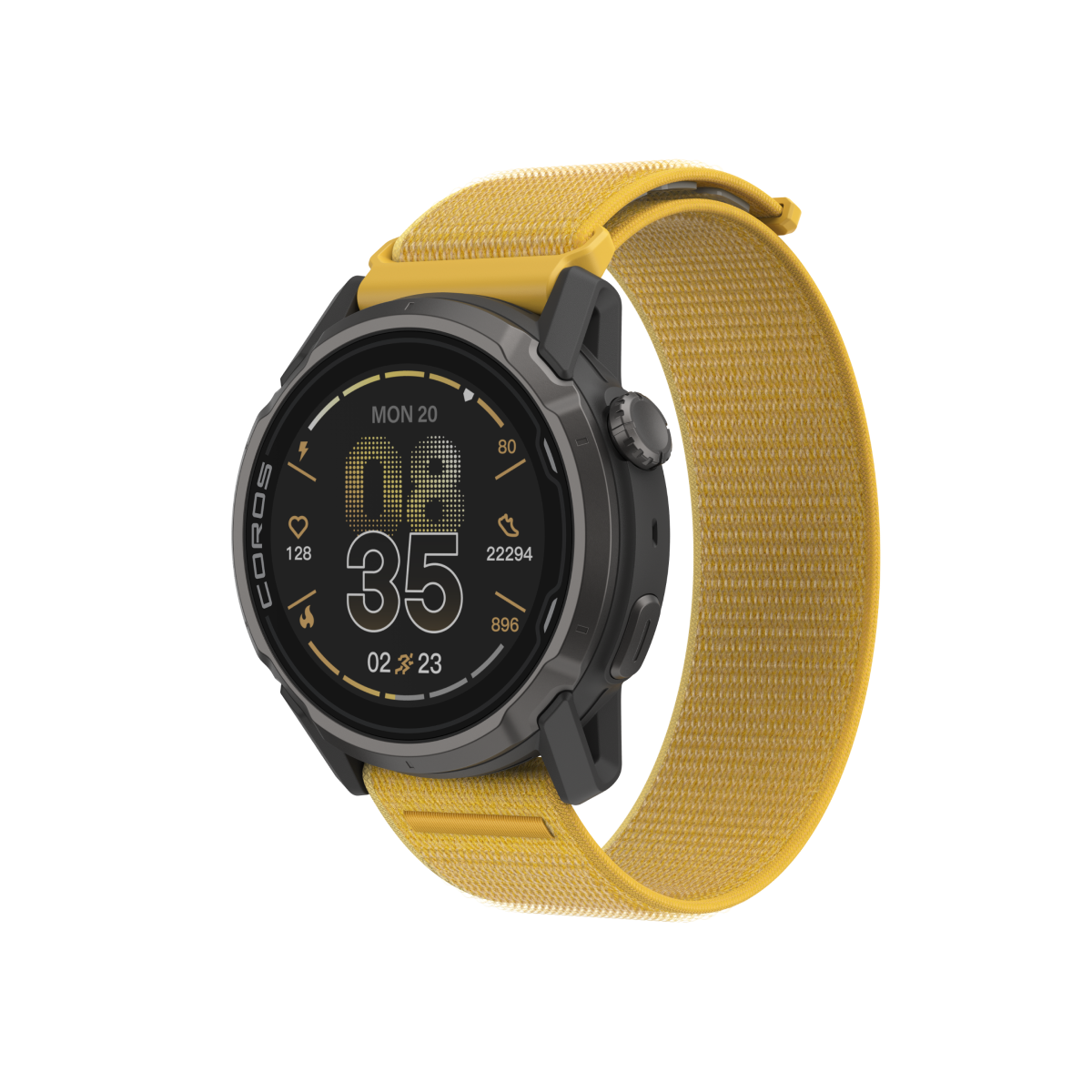 Front three-quarter view of the COROS APEX 4 42mm black watch with yellow nylon band