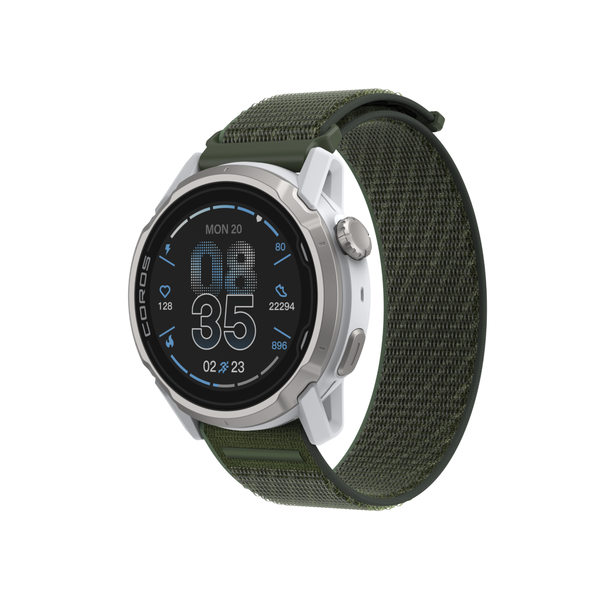 Front three-quarter view of the COROS APEX 4 42mm white watch with green nylon band
