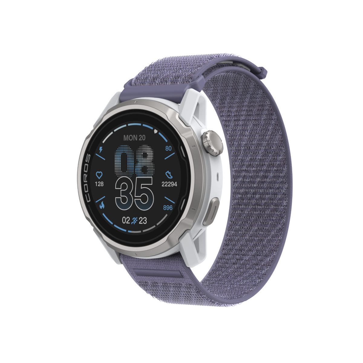 Front three-quarter view of the COROS APEX 4 42mm white watch with lavender nylon band