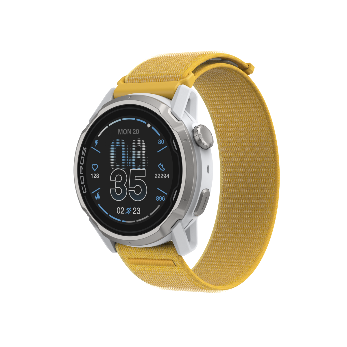 Front three-quarter view of the COROS APEX 4 42mm white watch with yellow nylon band