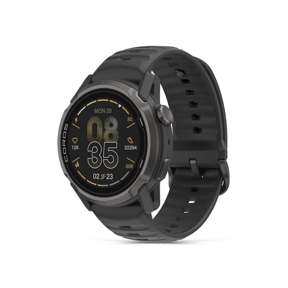 Front three-quarter view of the COROS APEX 4 42mm black watch with black silicone band