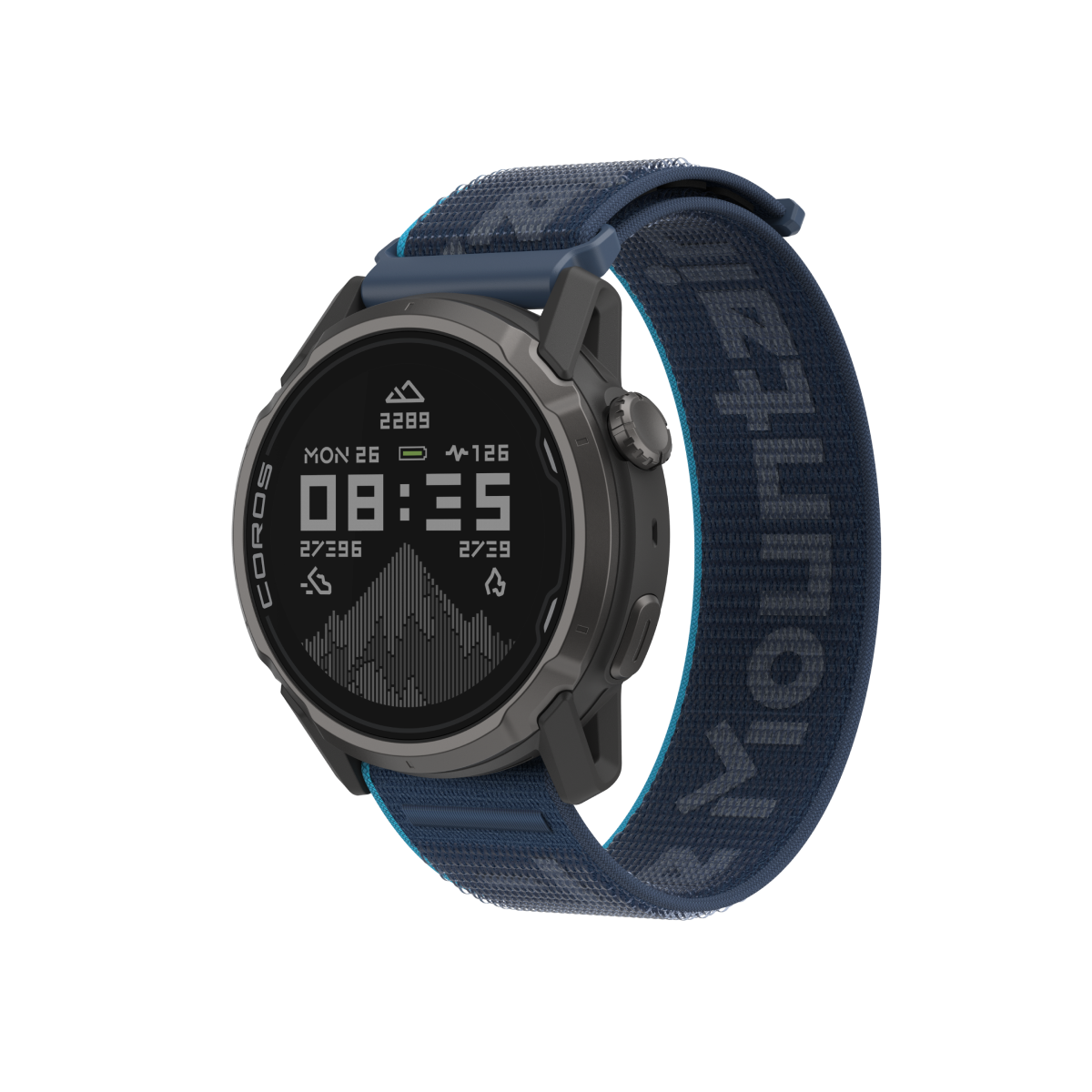 Front three-quarter view of the COROS APEX 4 42mm black watch with Kilian Jornet blue nylon band