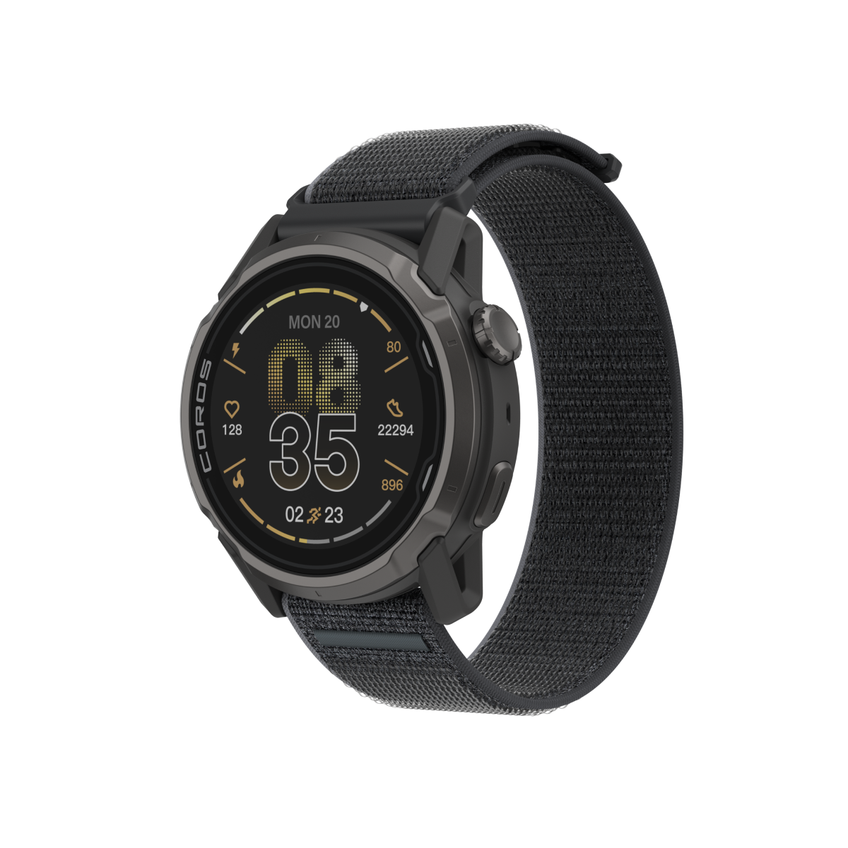 Front three-quarter view of the COROS APEX 4 42mm black watch with black nylon band