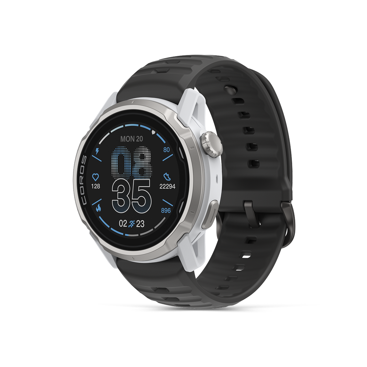 Front three-quarter view of the COROS APEX 4 42mm white watch with black silicone band