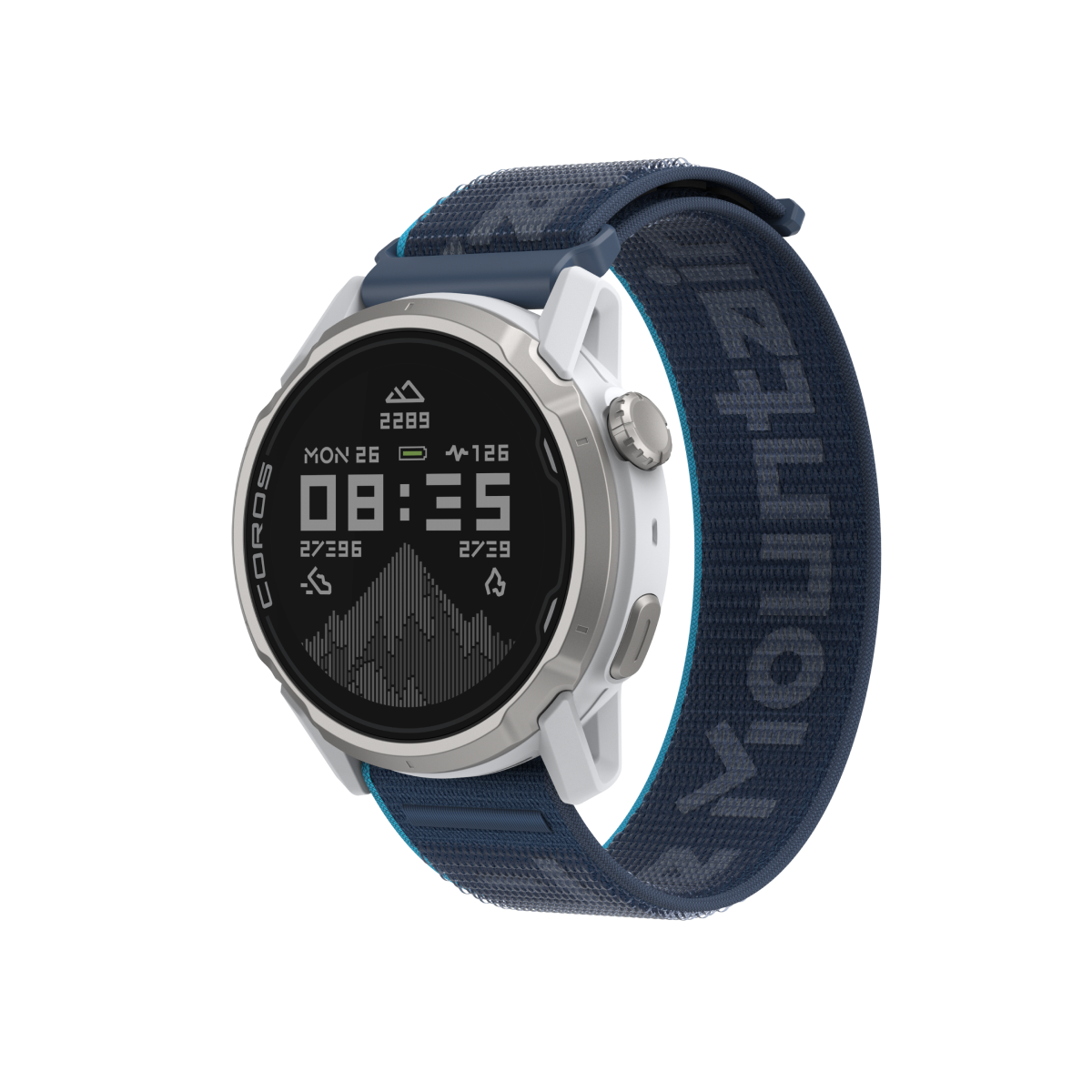 Front three-quarter view of the COROS APEX 4 42mm white watch with Kilian Jornet blue nylon band