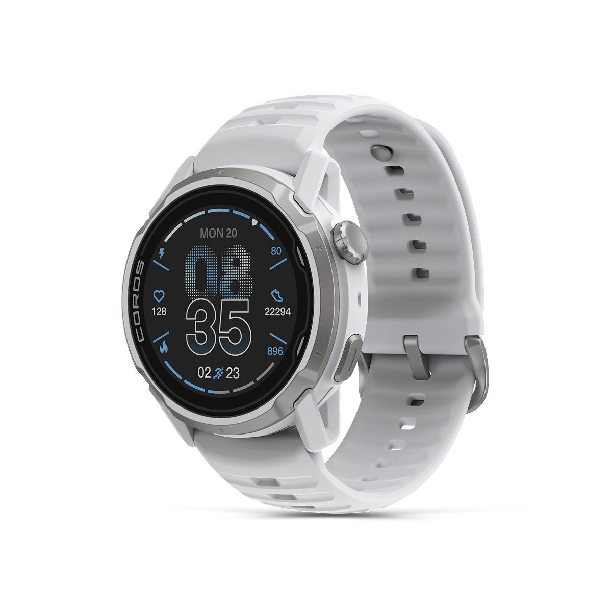 Front three-quarter view of the COROS APEX 4 42mm white watch with white silicone band