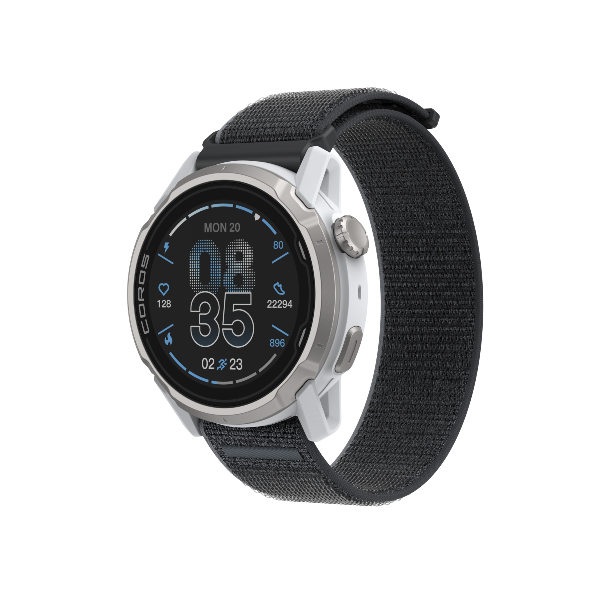 Front three-quarter view of the COROS APEX 4 42mm white watch with black nylon band