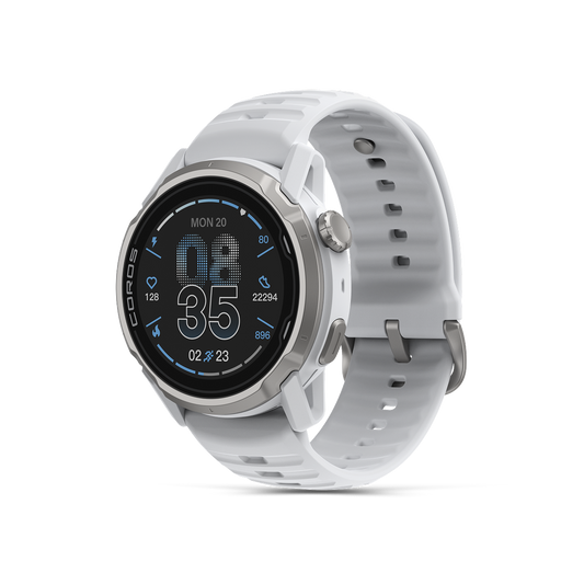 Front three-quarter view of the COROS APEX 4 46mm black watch with white silicone band