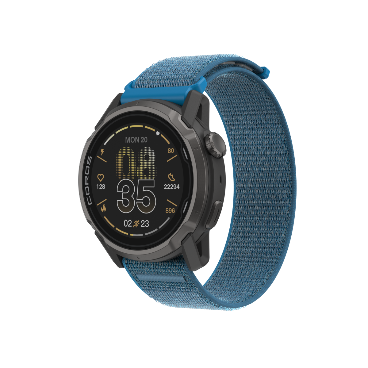 Front three-quarter view of the COROS APEX 4 42mm black watch with blue nylon band