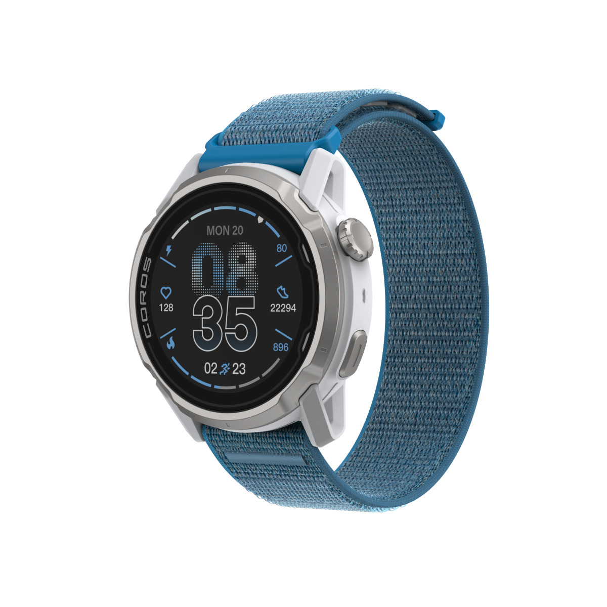 Front three-quarter view of the COROS APEX 4 42mm white watch with blue nylon band