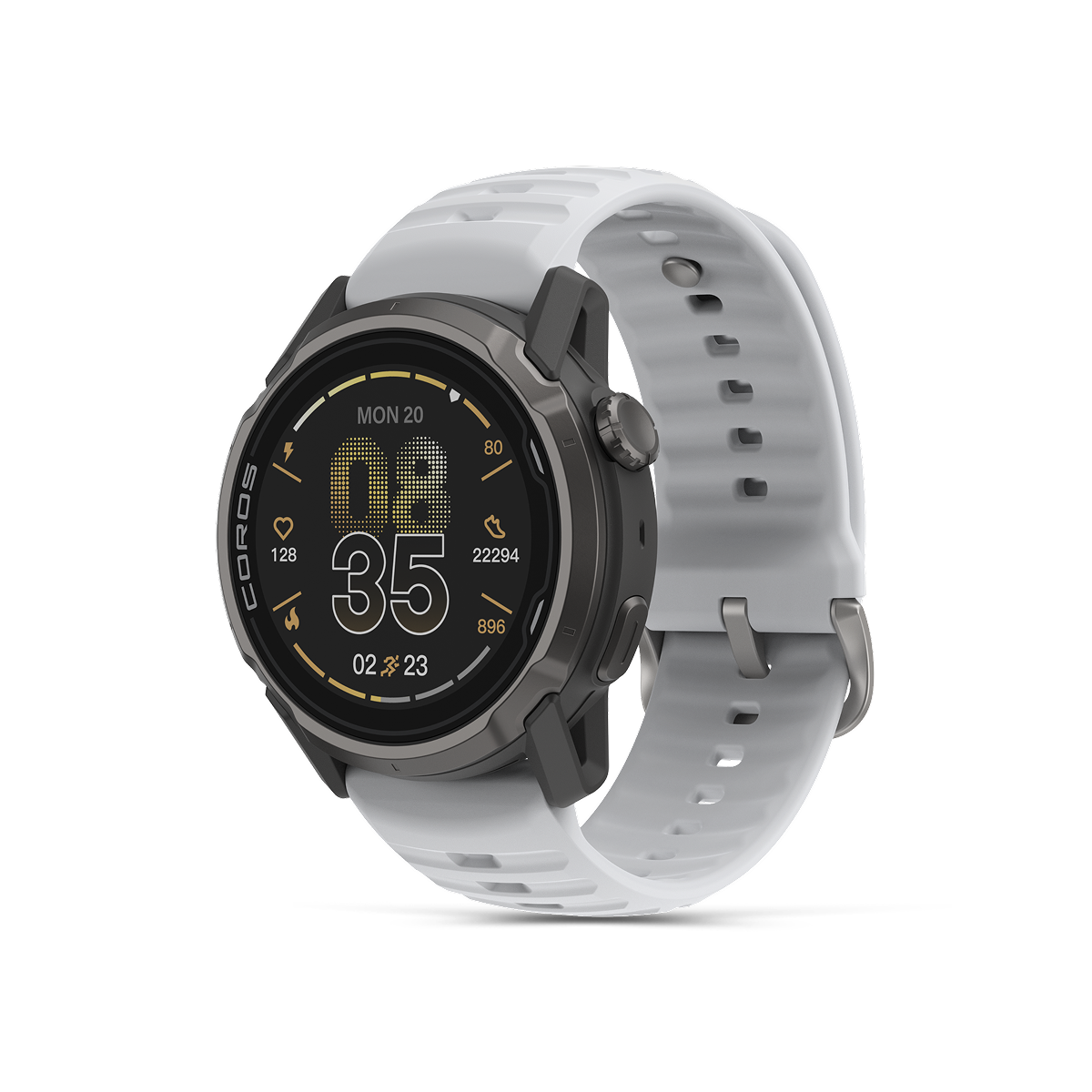 Front three-quarter view of the COROS APEX 4 42mm black watch with white silicone band