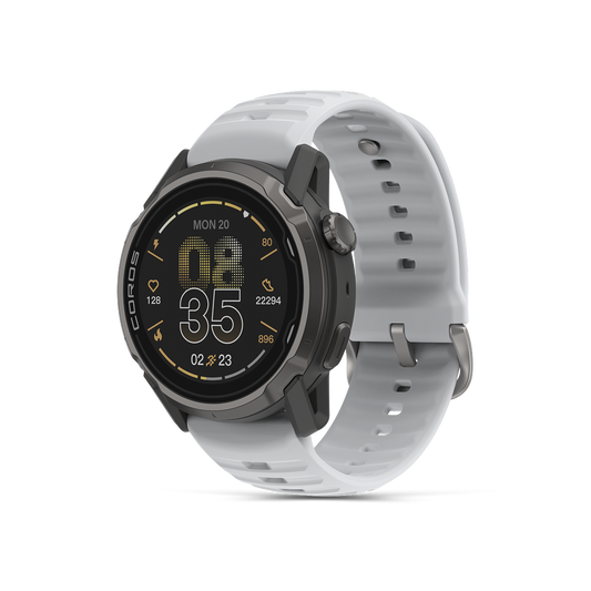 Front three-quarter view of the COROS APEX 4 42mm black watch with white silicone band