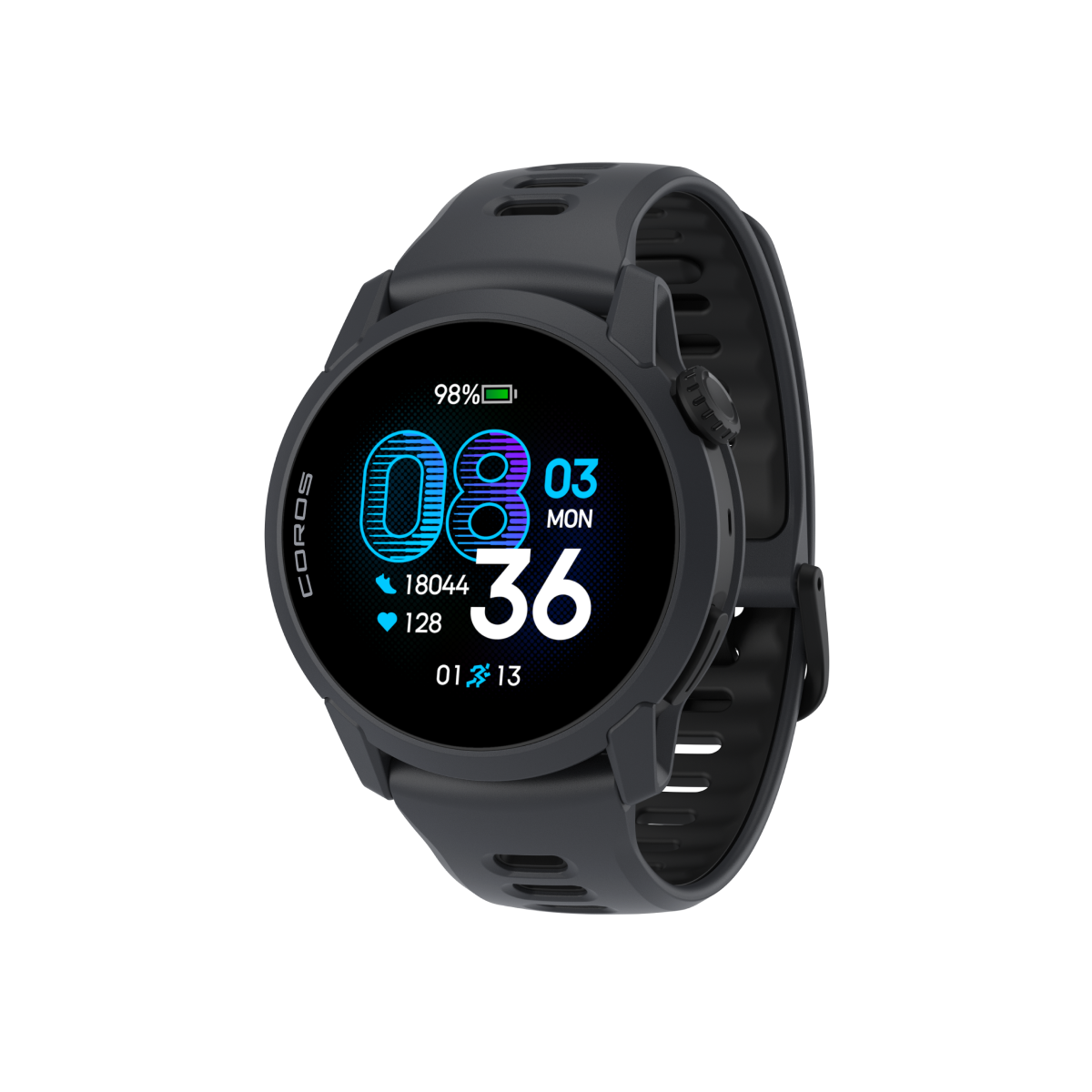 Front three-quarter view of the COROS PACE 4 Black watch with Black Silicone Band