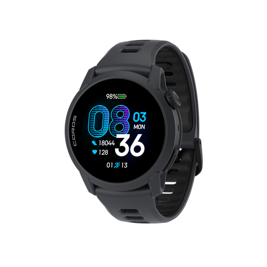 Front three-quarter view of the COROS PACE 4 Black watch with Black Silicone Band
