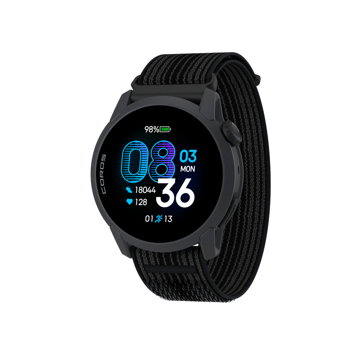 Front three-quarter view of the COROS PACE 4 Black watch with Black Nylon Band