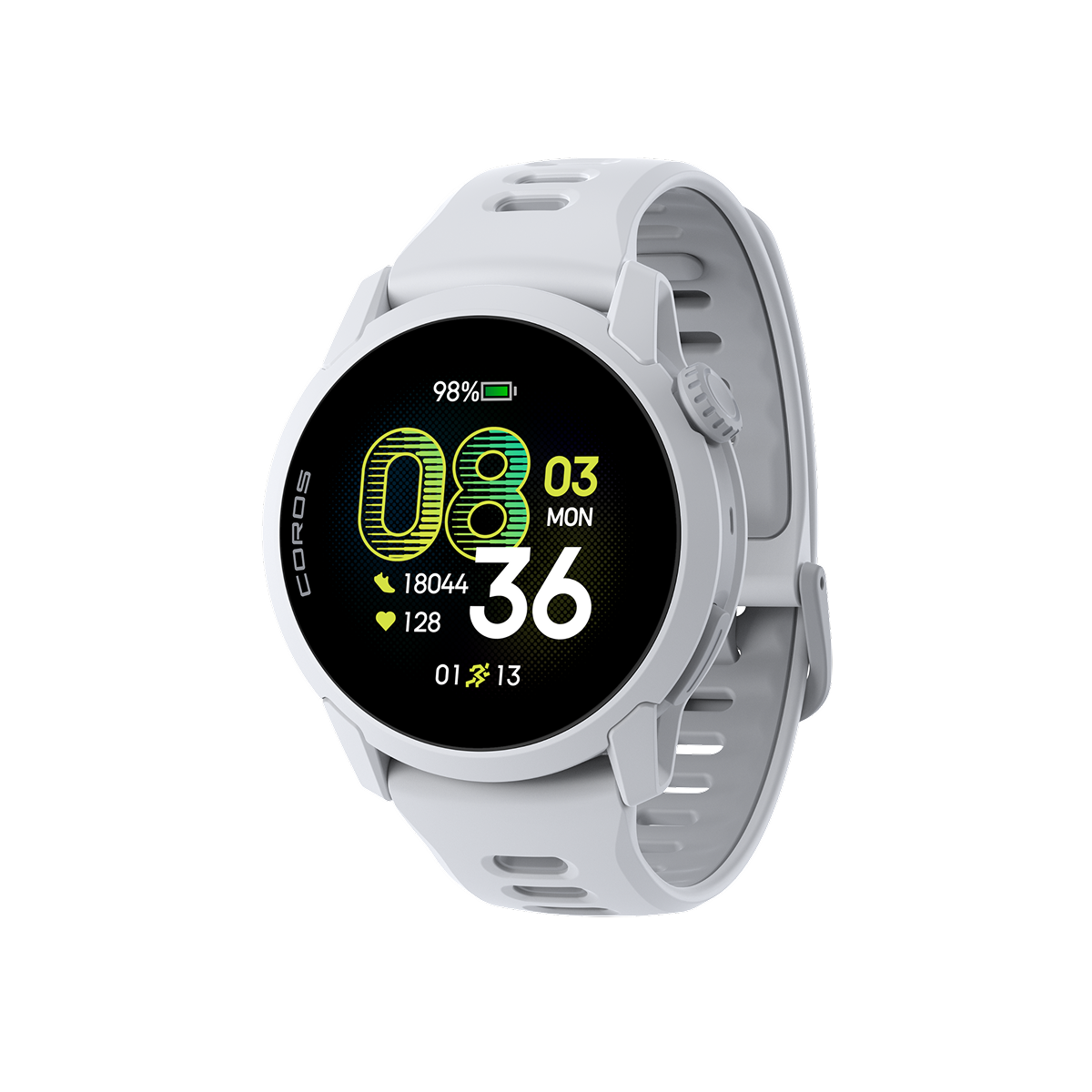 Front three-quarter view of the COROS PACE 4 White watch with White Silicone  Band